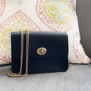 Coach Bowery Crossbody, Turnlock Gold Chain, Black Leather Shoulder Bag